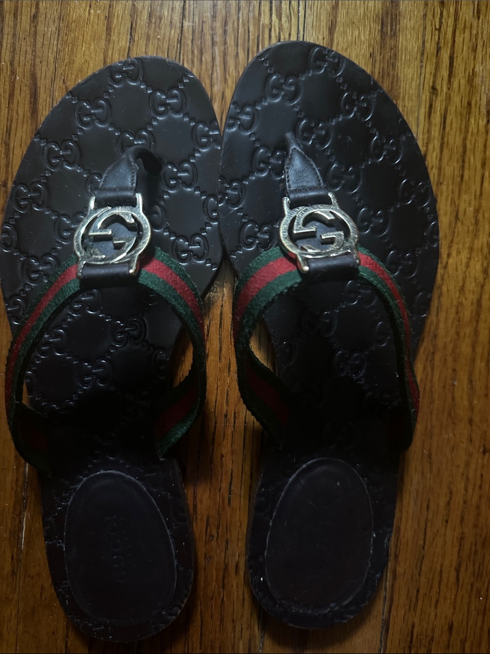 Gucci Black Leather Sandals with Green and Red Web Straps please check picture